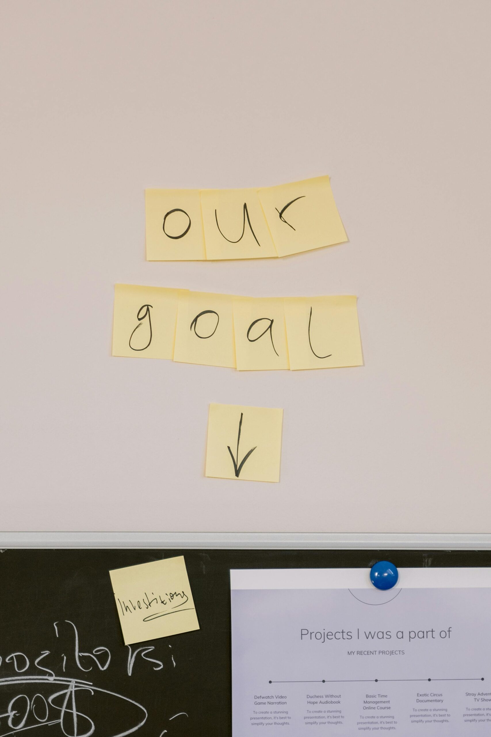 Sticky notes on wall with 'Our Goal' text for office motivation.
